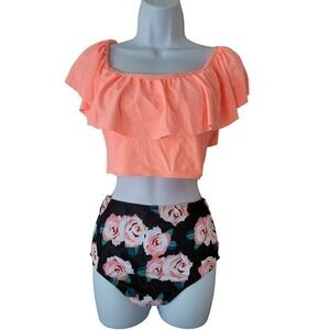 Peach Ruffle Off Shoulder High Waisted Floral Bikini Swim Set Size M